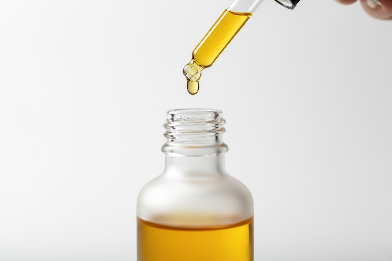 ПРОЗРАЧНА МАТОВА БУТИЛКА С МАСЛО. НЕКА СНИМКАТА Е ОТ БЛИЗЪ КАДЪР И СЕ ВИЖДА ГЪРЛОТО НА БУТИЛТАТА И ПИПЕТА С МАСЛО КАК ПАДА КАПКА ОТ НЕЯ 